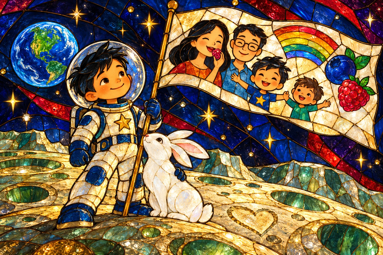 Stained-glass Henry and Rabbit with Earth and their family flag.