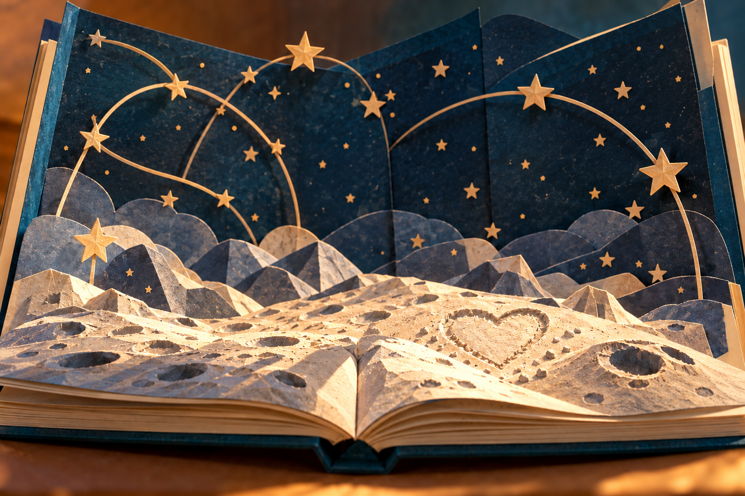 The chosen handcrafted pop-up book, with folded-paper moon ridges, golden paper stars, and a heart in the lunar dust.