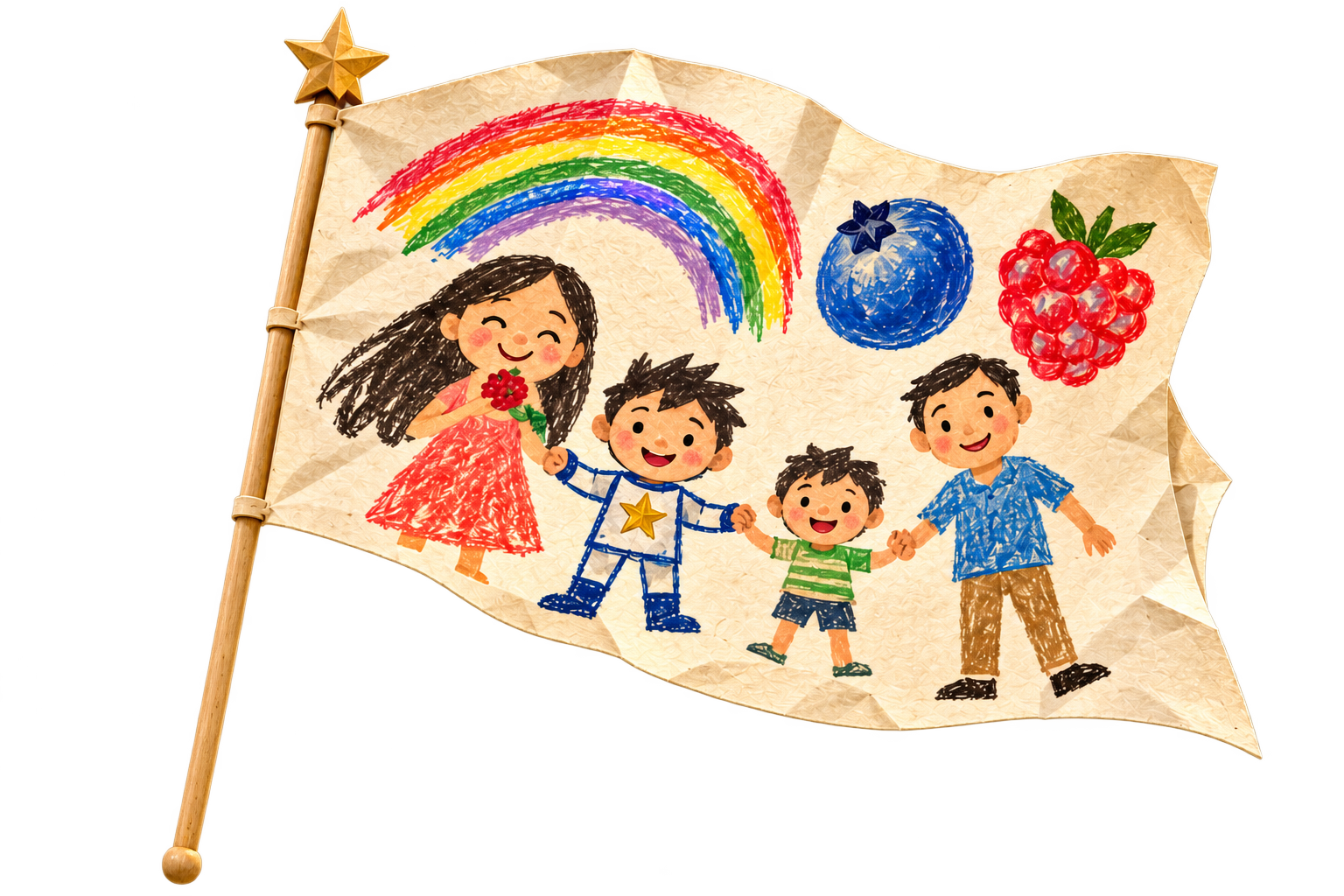 Henry’s rainbow family flag showing Mom, Dad, Henry and little James, a blueberry and a raspberry.