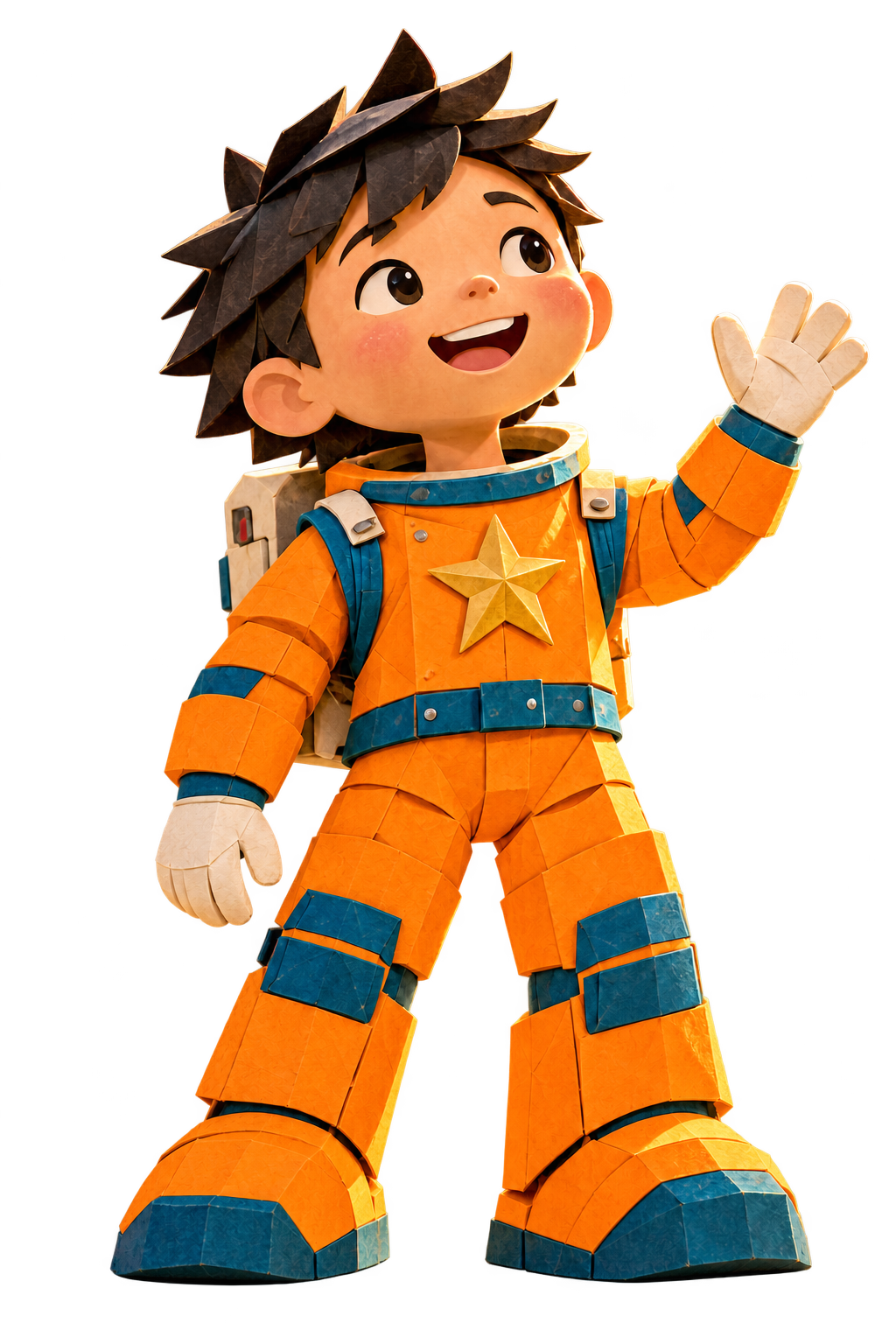 Henry wearing the orange version of his spacesuit.