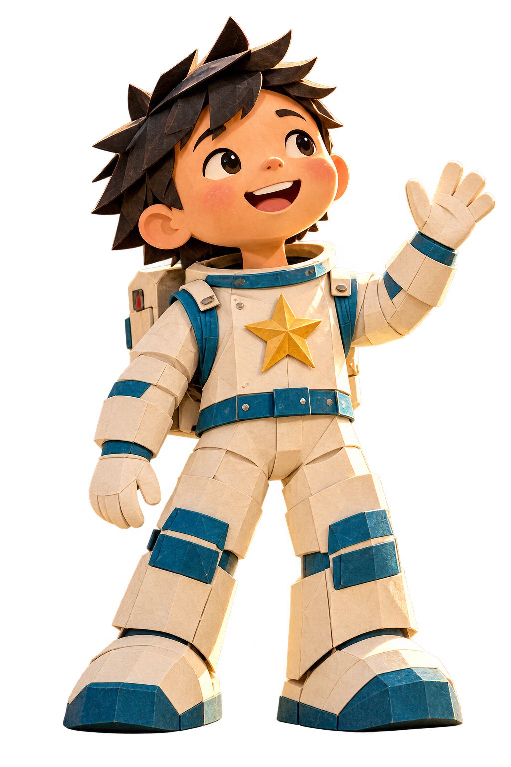 Henry, in his original folded-paper spacesuit with a gold star, smiles and waves.