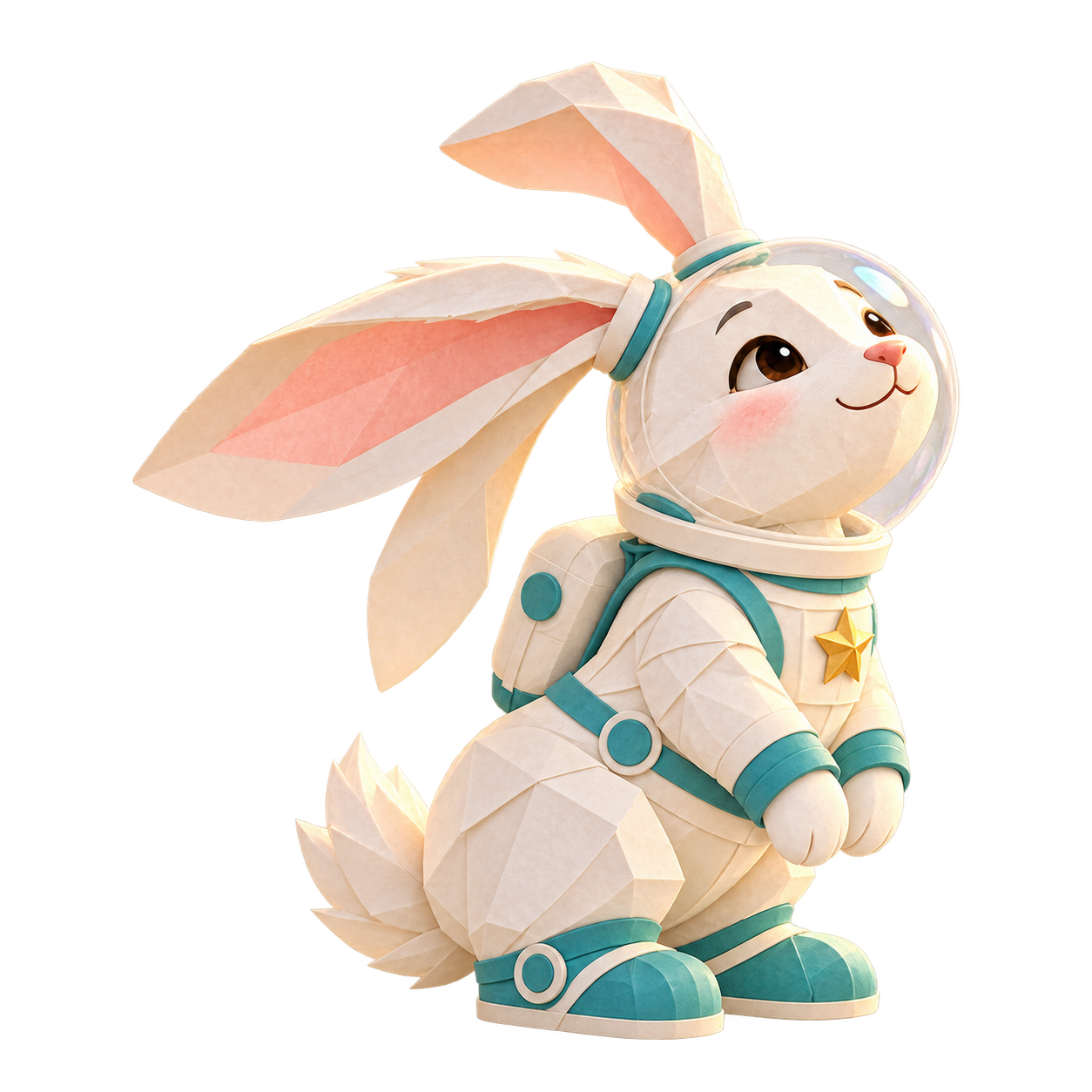 The same white Moon Rabbit wearing a cream spacesuit, teal boots, and a clear helmet.